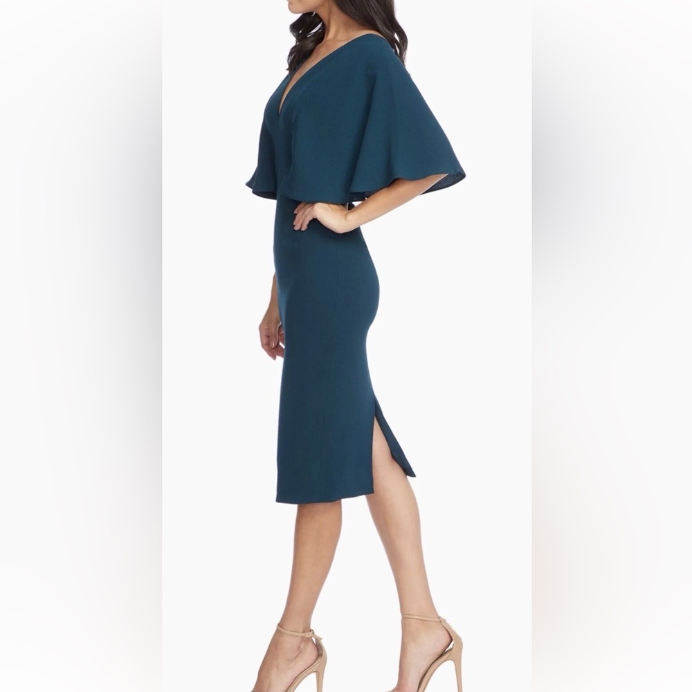 DRESS THE POPULATION Louisa Flutter-Sleeve Midi Dress Womens (Small) Pine Green